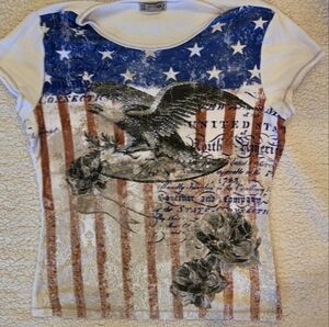 Red White Blue Womens Short Sleeve Tee with Vintage Flag Eagle Patriotic Design